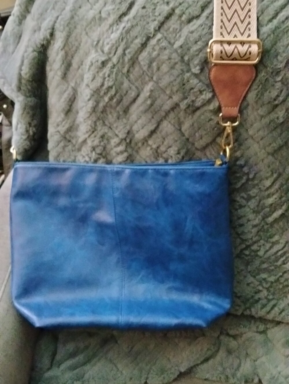 Blue Leather Crossbody Bag with Wide Strap